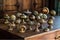 a variety of antique brass door knobs displayed on table