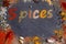 Variety aromatic spices in powder on black stone background, word `spices` made of spices