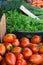 Variety Assortment of Fresh Ripe Vegetables and Herbs Organic Tomatoes Parsley Dill at Farmers Market. Summer Fall Harvest