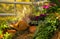 A variety of autumn flowers in ceramic pots and vegetables in baskets stand on a shelf covered with burlap and straw.