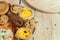 Variety of bakery on wooden plate