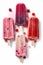 Variety of berry flavors of popsicles overhead view on white background, generative AI