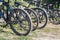 Variety of bicycles offered for rent are in the parking lot. View on the wheels of bicycles in row. Bicycles stand in a row on a