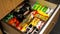 Variety brands of instant noodles stored in a drawer of kitchen cabinet