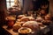 variety of breads baking in a traditional clay oven