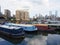 A variety of canal and leisure boats moored in Limehouse Basin in London