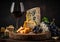 Variety of cheeses with red wine and grapes on rustic background