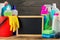 Variety cleaning product with small empty chalk board