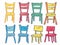 Variety colorful chairs cartoon style illustration. Set vibrant colors wooden chairs isolated