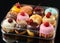 Variety of colorful donuts, freshly baked and adorned with glaze and sprinkles, are showcased in a tempting array