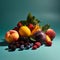 variety of colorful fresh summer fruits, orange, lemon, peach, strawberry and blueberry on a dark background