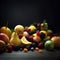 variety of colorful fresh summer fruits, orange, lemon, peach, strawberry and blueberry on a dark background