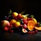 variety of colorful fresh summer fruits, orange, lemon, peach, strawberry and blueberry on a dark background