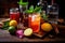 a variety of colorful rum punch ingredients on a rustic table