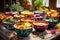 variety of colorful soup bowls on a table