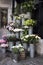 Variety of colors near the Liberty store in London. Large bouquets in tin vases. Pink roses