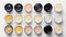 Variety of cosmetic creams in open jars on a white background, perfect for skincare advertisements. Top view.