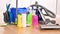 Variety of detergent bottles and chemical cleaning supplies