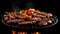 Variety of different meat grilling on a portable barbecue over a dark background.