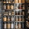 Variety of dried goods in glass jars are meticulously organized on modern black shelving, showcasing a neat and