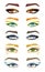 Variety of eyes shapes with different makeup styles collection, from bright to natural colors palette eyeshadows, mascara, eyebrow