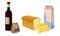 Variety of Food from Supermarket with Loaf of Bread and Cheese Slab Vector Set
