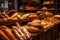 Variety of fresh bread on bakery shop counter - Delicious bread loaves, bread rolls and baguettes on supermarket shelves