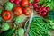 Variety of fresh colorful organic vegetables green beans, tomatoes, red radish, artichokes, cucumbers on wood kitchen table, copy