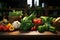 Variety of fresh farm vegetables on wooden table. AI generated