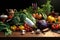 Variety of fresh farm vegetables on wooden table. AI generated