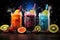 Variety of fresh fruit juices in glasses with splashes on dark background, Fruit smoothies in glass with colorful splashes. Mixed