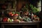 A variety of fresh fruits and vegetables are arranged in abundance on a table, Fruits and vegetables laid out on a wooden table in
