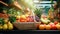 Variety of fresh fruits and vegetables displayed at a grocery store, AI-generated.