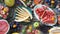 Variety of fresh fruits on a wooden background. Closed table with fresh fruits. Vegetarian food