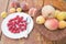 Variety of fresh fruits. On a wooden table