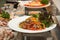 Variety of fresh salads on buffet line