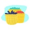 Variety fruit, berry lying in wicker basket, concept sunflower seed and green grain flat vector illustration, isolated