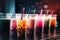 Variety of fruit cocktails, popular bubble tea, chocolate fruit flavor. Trendy Asian summer drinks