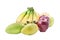 Variety of fruit isolated on a white background, banana, mango.