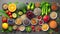 Variety of fruits, vegetables, seeds, superfoods and grains on gray background