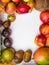 Variety of fruits and vegetables, on the white table, top view, copy space, selective focus