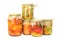 Variety glass jars of homemade pickled or fermented colorful vegetables isolated on white background. Fermented food