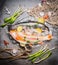 Variety of Great raw trout fish in glass dish with ice cubes on concrete background with fishing net and flavoring, top view