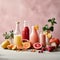 variety of healthy drinks placed on soft minimalism kitchen