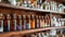 Variety of homeopathic remedies in glass bottles on a wooden shelf. Homeopathic pharmacy interior. Concept of