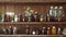 Variety of homeopathic remedies in glass vials and bottles arranged in orderly fashion on a wooden shelf. Concept of