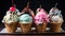 Variety of ice cream cones in a row