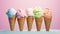 Variety of ice cream cones in a row