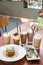 Variety iced coffee drinks on wooden table