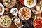 Variety of italian food on the table, pizza, pasta and appetizers